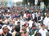 Activists from The All India Trinamool Congress take part in a protest meeting in Kolkata, India, on November 30, 2024, demanding the withdr...