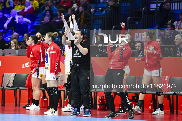 Montenegro's staff during the Montenegro vs. Serbia match at the Women's EHF EURO 2024 in Fonix Arena, Debrecen, on November 29, 2024 