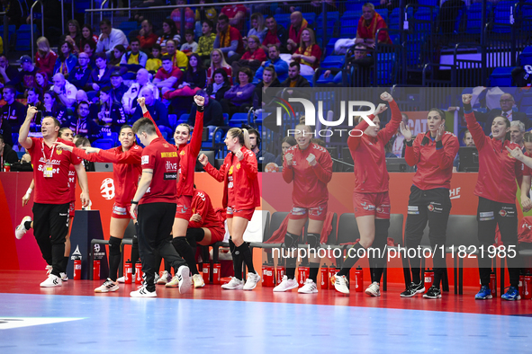 The staff of Montenegro are present during the Montenegro vs. Serbia match at the Women's EHF EURO 2024 in Fonix Arena, Debrecen, on Novembe...