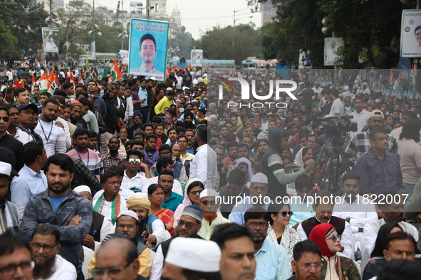 Activists from The All India Trinamool Congress take part in a protest meeting in Kolkata, India, on November 30, 2024, demanding the withdr...