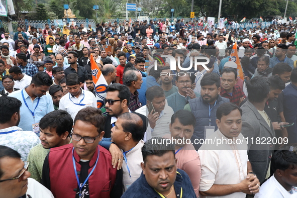 Activists from The All India Trinamool Congress take part in a protest meeting in Kolkata, India, on November 30, 2024, demanding the withdr...