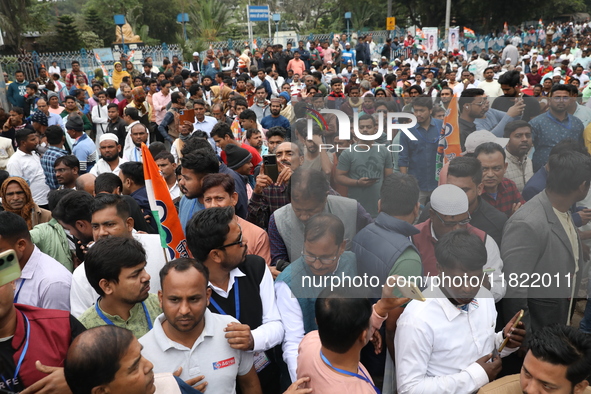 Activists from The All India Trinamool Congress take part in a protest meeting in Kolkata, India, on November 30, 2024, demanding the withdr...