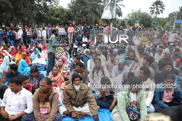 Activists from The All India Trinamool Congress take part in a protest meeting in Kolkata, India, on November 30, 2024, demanding the withdr...