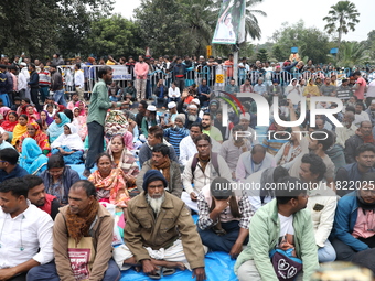 Activists from The All India Trinamool Congress take part in a protest meeting in Kolkata, India, on November 30, 2024, demanding the withdr...