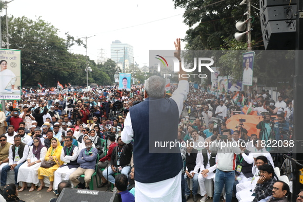 Activists from The All India Trinamool Congress take part in a protest meeting in Kolkata, India, on November 30, 2024, demanding the withdr...