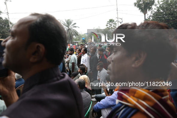 Activists from The All India Trinamool Congress take part in a protest meeting in Kolkata, India, on November 30, 2024, demanding the withdr...