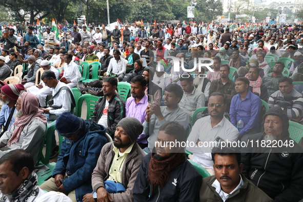 Activists from The All India Trinamool Congress take part in a protest meeting in Kolkata, India, on November 30, 2024, demanding the withdr...