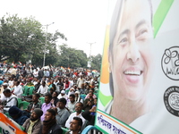 Activists from The All India Trinamool Congress take part in a protest meeting in Kolkata, India, on November 30, 2024, demanding the withdr...