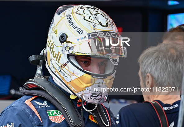 Dutch driver Max Verstappen of Red Bull Racing Honda RBPT prepares to drive during the first practice session of the Formula 1 Grand Prix of...