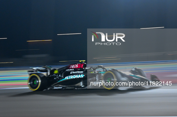 British driver Lewis Hamilton of Mercedes participates in the first practice session of the Formula 1 Grand Prix of Qatar at Lusail Internat...