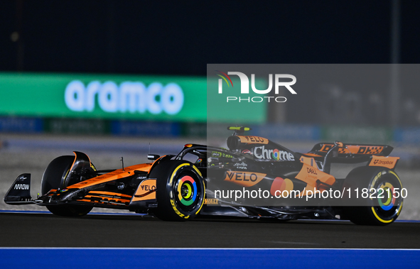 The British Formula One driver Lando Norris of McLaren participates in the Sprint qualifying session of the Formula 1 Grand Prix of Qatar at...