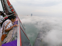 A woman looks at Colombo amid smog and rain from Lotus Tower in Colombo, Sri Lanka, on November 30, 2024. Sri Lanka's Central Environment Au...