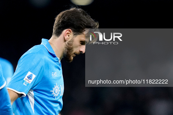 Khvicha Kvaratskhelia of SSC Napoli looks dejected during the serie Serie A Enilive match between SSC Napoli and AS Roma at Stadio Diego Arm...