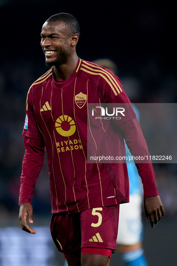 Evan Ndicka of AS Roma reacts during the serie Serie A Enilive match between SSC Napoli and AS Roma at Stadio Diego Armando Maradona on Nove...