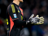 Mile Svilar of AS Roma gestures during the serie Serie A Enilive match between SSC Napoli and AS Roma at Stadio Diego Armando Maradona on No...