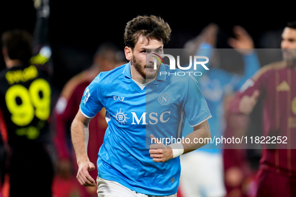 Khvicha Kvaratskhelia of SSC Napoli looks on during the serie Serie A Enilive match between SSC Napoli and AS Roma at Stadio Diego Armando M...