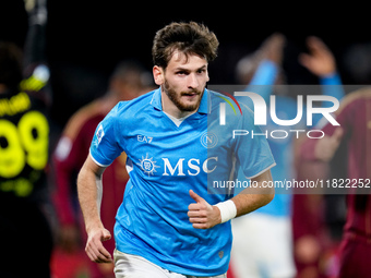 Khvicha Kvaratskhelia of SSC Napoli looks on during the serie Serie A Enilive match between SSC Napoli and AS Roma at Stadio Diego Armando M...