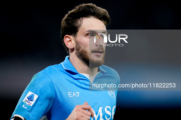 Khvicha Kvaratskhelia of SSC Napoli looks on during the serie Serie A Enilive match between SSC Napoli and AS Roma at Stadio Diego Armando M...