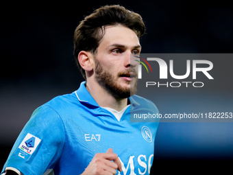 Khvicha Kvaratskhelia of SSC Napoli looks on during the serie Serie A Enilive match between SSC Napoli and AS Roma at Stadio Diego Armando M...