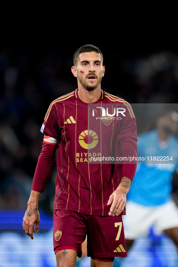 Lorenzo Pellegrini of AS Roma looks on during the serie Serie A Enilive match between SSC Napoli and AS Roma at Stadio Diego Armando Maradon...