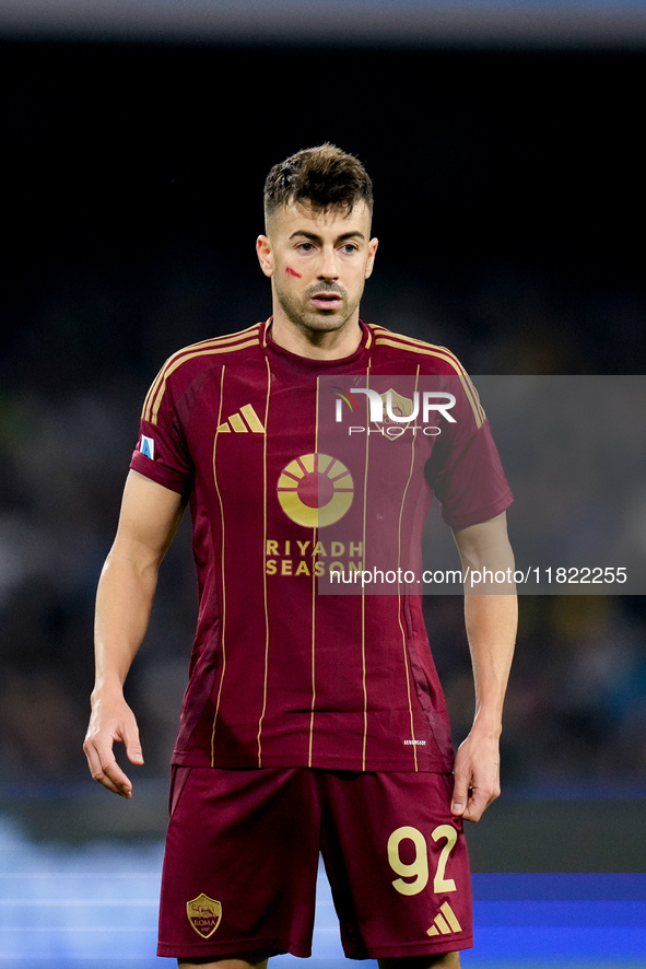 Stephan El Shaarawy of AS Roma looks on during the serie Serie A Enilive match between SSC Napoli and AS Roma at Stadio Diego Armando Marado...