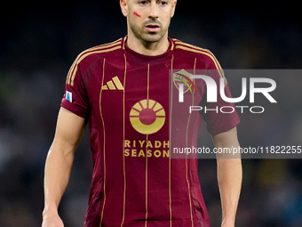 Stephan El Shaarawy of AS Roma looks on during the serie Serie A Enilive match between SSC Napoli and AS Roma at Stadio Diego Armando Marado...