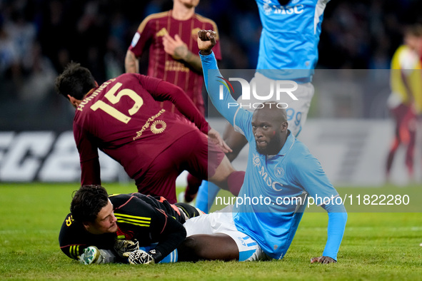 Romelu Lukaku of SSC Napoli celebrates after scoring first goal during the serie Serie A Enilive match between SSC Napoli and AS Roma at Sta...