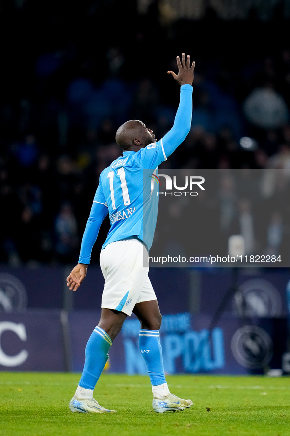 Romelu Lukaku of SSC Napoli celebrates after scoring first goal during the serie Serie A Enilive match between SSC Napoli and AS Roma at Sta...