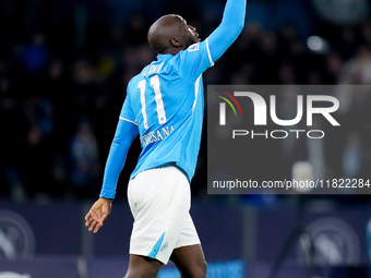 Romelu Lukaku of SSC Napoli celebrates after scoring first goal during the serie Serie A Enilive match between SSC Napoli and AS Roma at Sta...