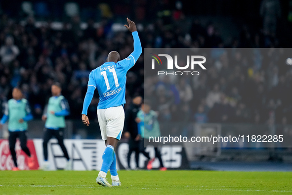 Romelu Lukaku of SSC Napoli celebrates after scoring first goal during the serie Serie A Enilive match between SSC Napoli and AS Roma at Sta...