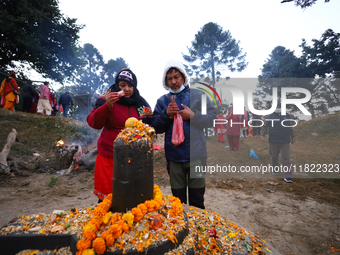 Nepali Hindu devotees offer ''Sat-bij,'' seven sacred seeds, to a Shivalinga (idol of Lord Shiva) in the premises of Pashupatinath Temple in...