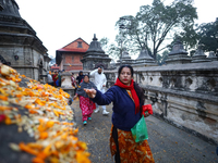 Nepali Hindu devotees offer ''Sat-bij,'' seven sacred seeds, to a Shivalinga (idol of Lord Shiva) in the premises of Pashupatinath Temple in...