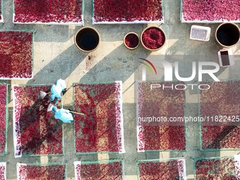 Farmers dry radishes in Suqian, Jiangsu province, China, on November 30, 2024. (