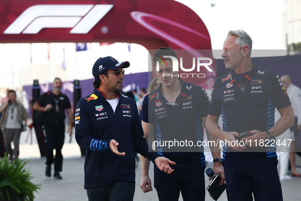 Sergio Perez of Red Bull Racing and Jonathan Weathley before Sprint ahead of the Formula 1 Grand Prix of Qatar at Lusail International Circu...