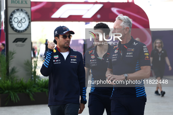 Sergio Perez of Red Bull Racing and Jonathan Weathley before Sprint ahead of the Formula 1 Grand Prix of Qatar at Lusail International Circu...