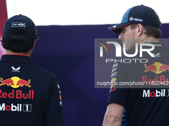 Sergio Perez and Max Verstappen of Red Bull Racing before Sprint ahead of the Formula 1 Grand Prix of Qatar at Lusail International Circuit...