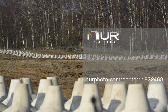 Anti-tank concrete fortifications are pictured at the Polish-Russian border in Dabrowka, Poland, on November 30, 2024. The East Shield progr...