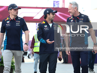 Max Verstappen, Sergio Perez of Red Bull Racing and Jonathan Weathley before Sprint ahead of the Formula 1 Grand Prix of Qatar at Lusail Int...