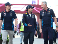 Max Verstappen, Sergio Perez of Red Bull Racing and Jonathan Weathley before Sprint ahead of the Formula 1 Grand Prix of Qatar at Lusail Int...