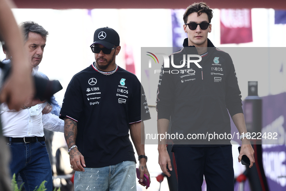 Lewis Hamilton and George Russell of Mercedes before Sprint ahead of the Formula 1 Grand Prix of Qatar at Lusail International Circuit in Lu...