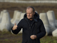 Polish Prime Minister Donald Tusk speaks to the media at the Polish-Russian border in Dabrowka, Poland, on November 30, 2024. The East Shiel...