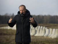 Polish Prime Minister Donald Tusk speaks to the media at the Polish-Russian border in Dabrowka, Poland, on November 30, 2024. The East Shiel...