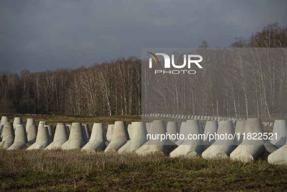 Anti-tank concrete fortifications are pictured at the Polish-Russian border in Dabrowka, Poland, on November 30, 2024. The East Shield progr...