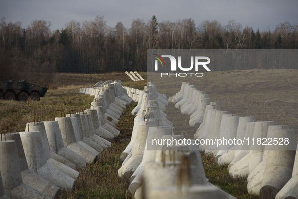 Anti-tank concrete fortifications are pictured at the Polish-Russian border in Dabrowka, Poland, on November 30, 2024. The East Shield progr...