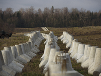 Anti-tank concrete fortifications are pictured at the Polish-Russian border in Dabrowka, Poland, on November 30, 2024. The East Shield progr...