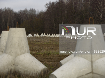 Anti-tank concrete fortifications are pictured at the Polish-Russian border in Dabrowka, Poland, on November 30, 2024. The East Shield progr...