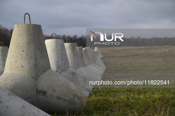 Anti-tank concrete fortifications are pictured at the Polish-Russian border in Dabrowka, Poland, on November 30, 2024. The East Shield progr...