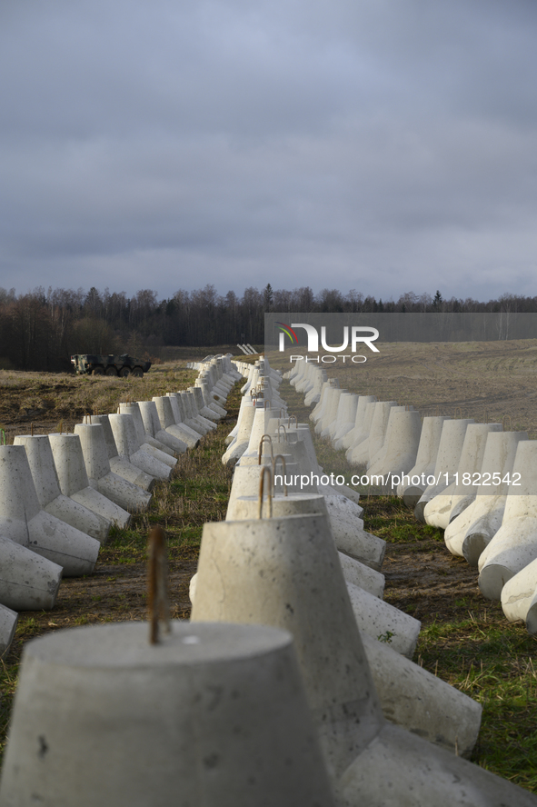 Anti-tank concrete fortifications are pictured at the Polish-Russian border in Dabrowka, Poland, on November 30, 2024. The East Shield progr...