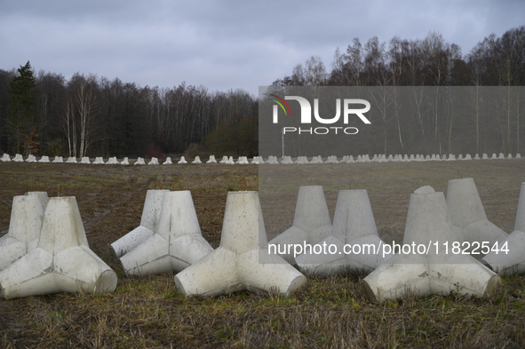 Anti-tank concrete fortifications are pictured at the Polish-Russian border in Dabrowka, Poland, on November 30, 2024. The East Shield progr...