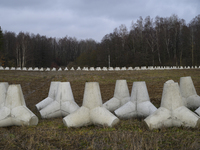 Anti-tank concrete fortifications are pictured at the Polish-Russian border in Dabrowka, Poland, on November 30, 2024. The East Shield progr...